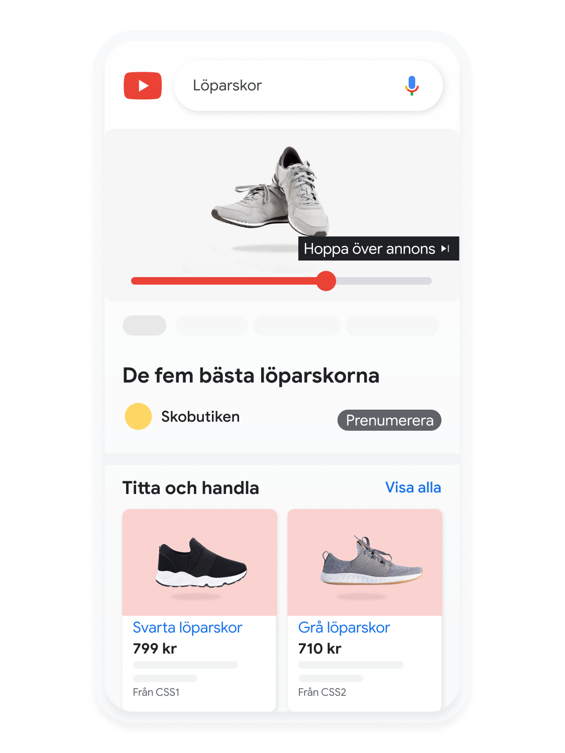 Animerat mobilanvändargränssnitt som illustrerar en sökning efter löparskor på YouTube.