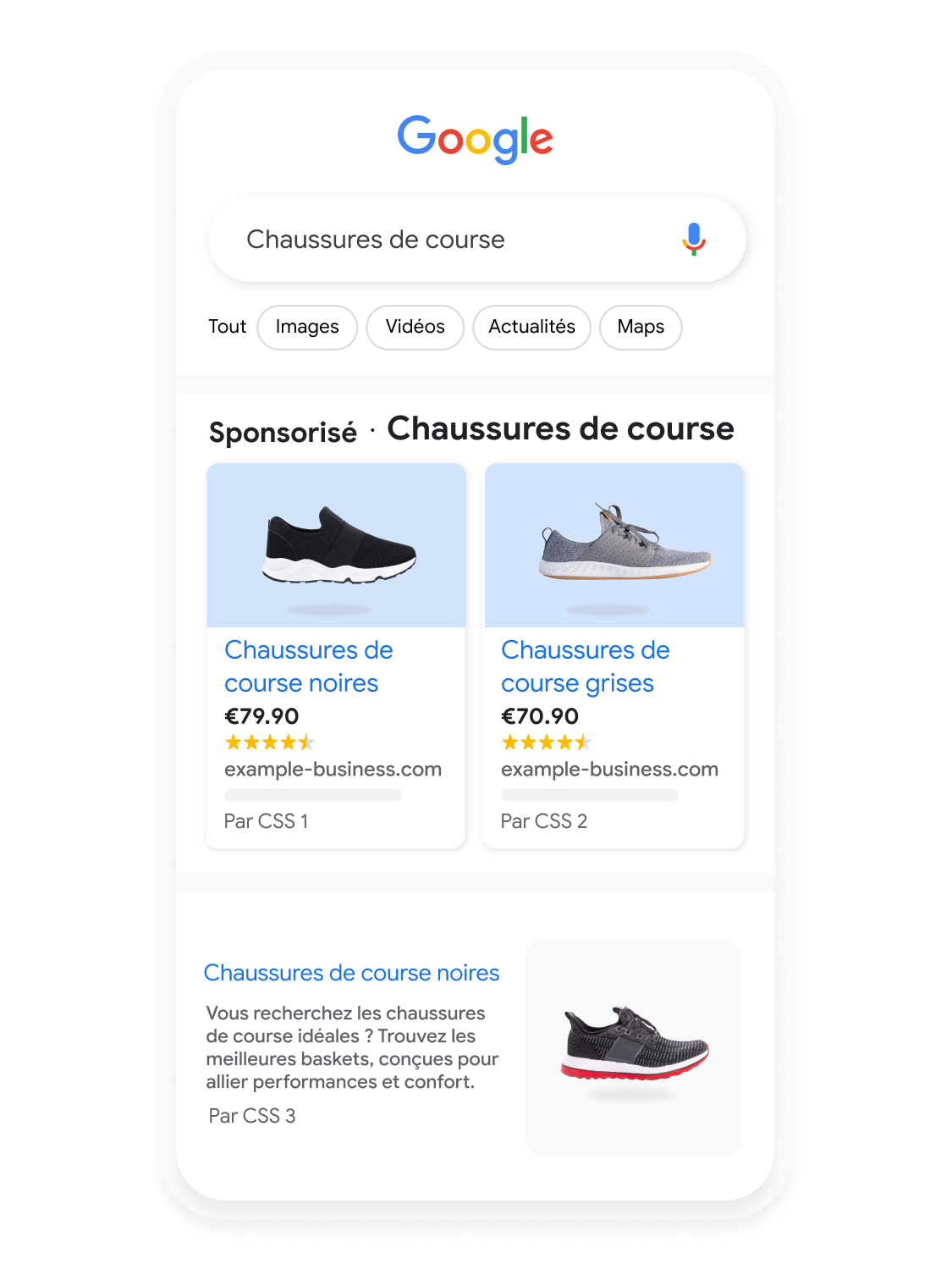 Interface utilisateur pour mobile animée montrant un utilisateur qui recherche des chaussures de course sur Google.