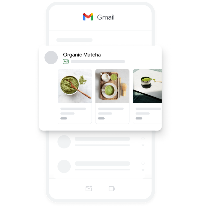 An example of a mobile Demand Gen ad within the Gmail app, featuring several images of organic matcha.