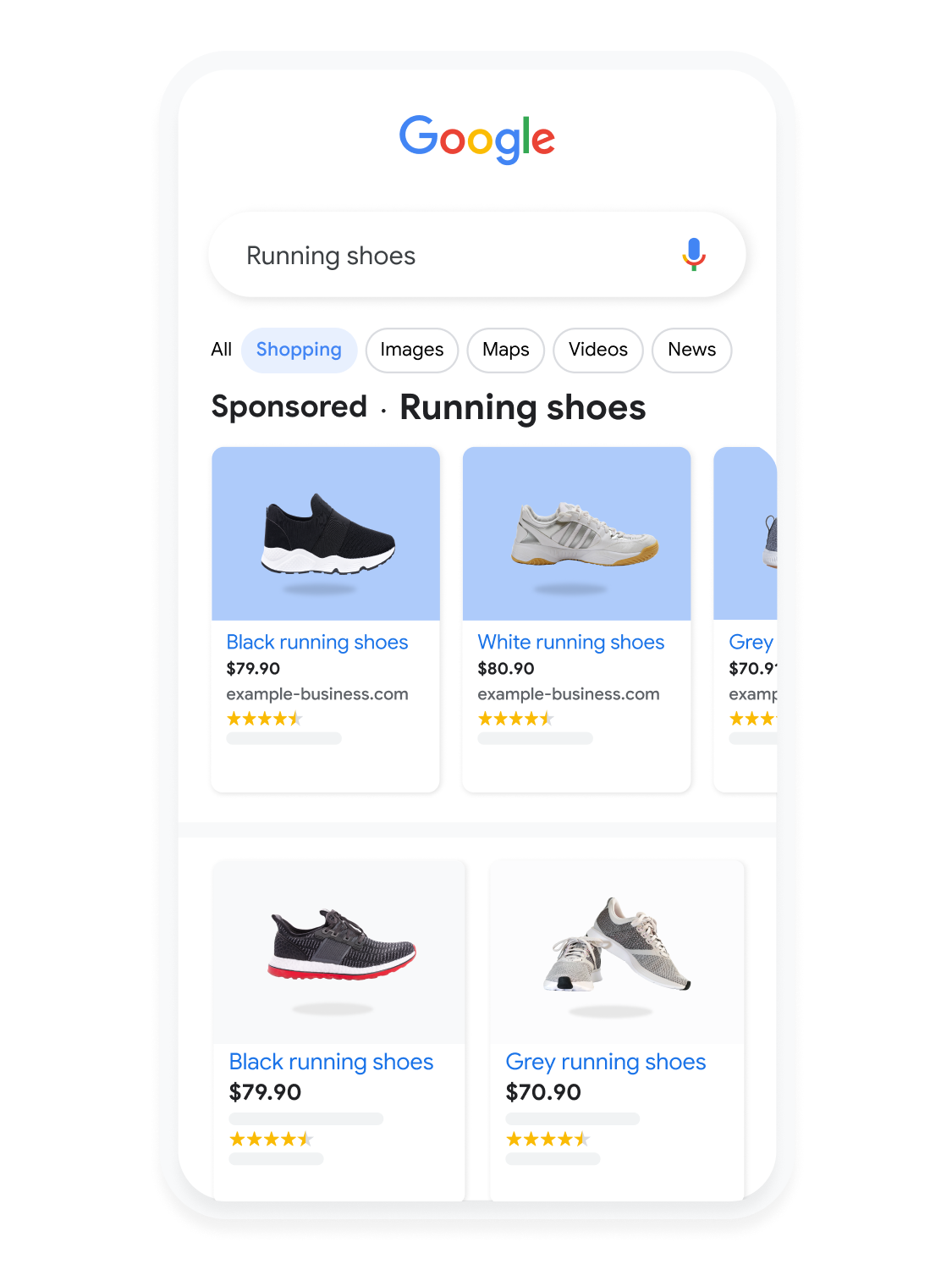 Mobile user interface animated to show a user searching for running shoes on Google Shopping.