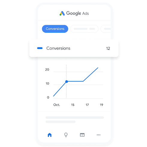 Illustration of a phone shows example of mobile app interface, showing conversions over time