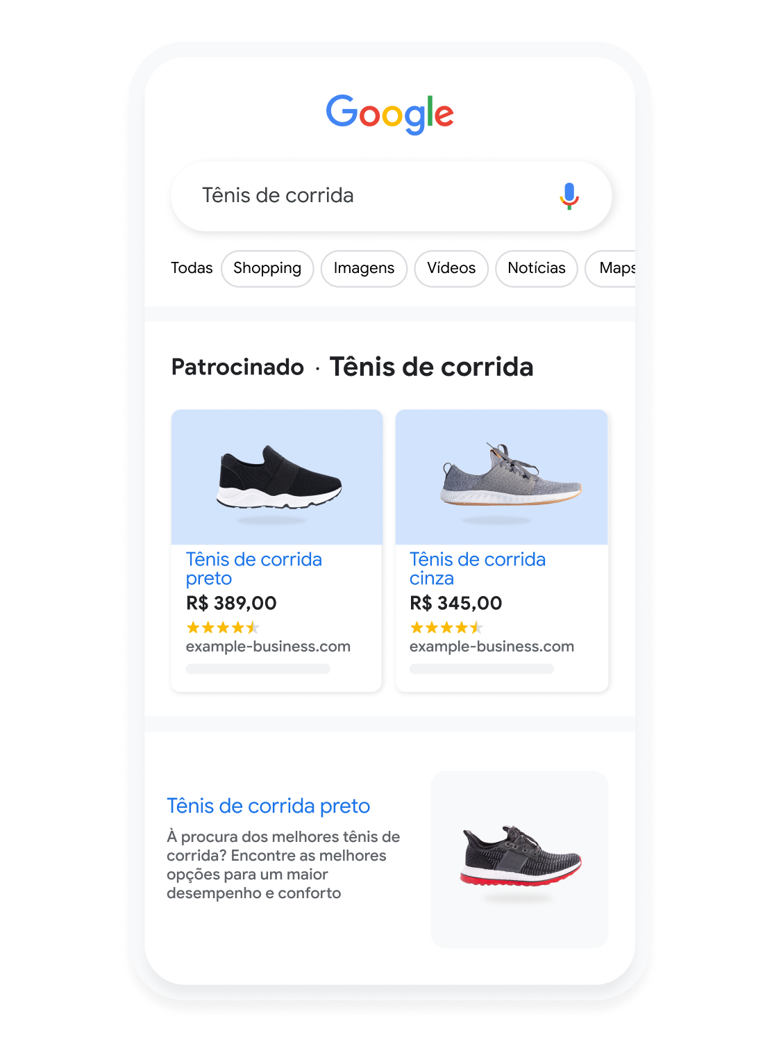 Interface animada do dispositivo móvel mostrando um usuário pesquisando tênis de corrida na Pesquisa Google.