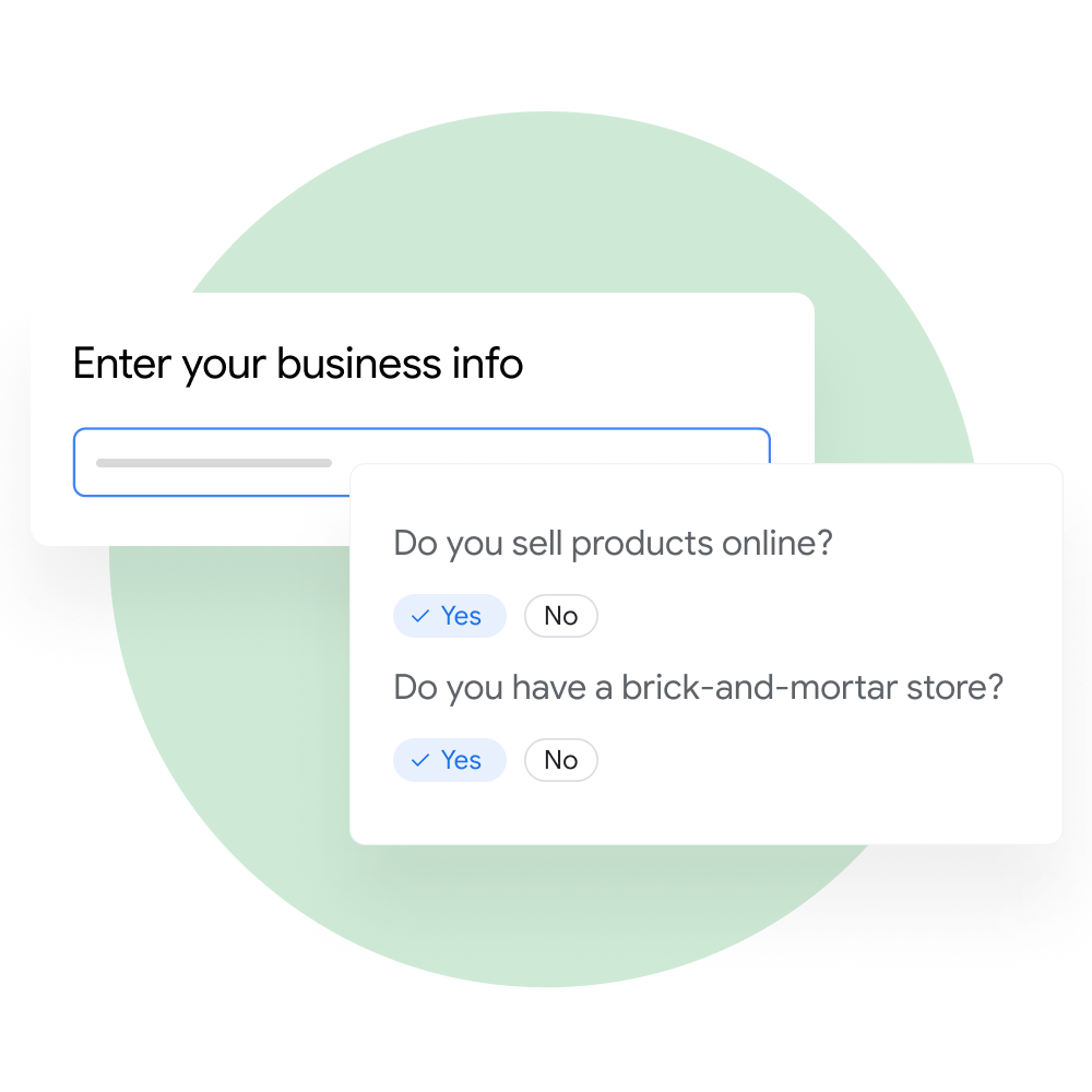 User interface demonstrating a user prompted to answer questions about their business in Merchant Center.