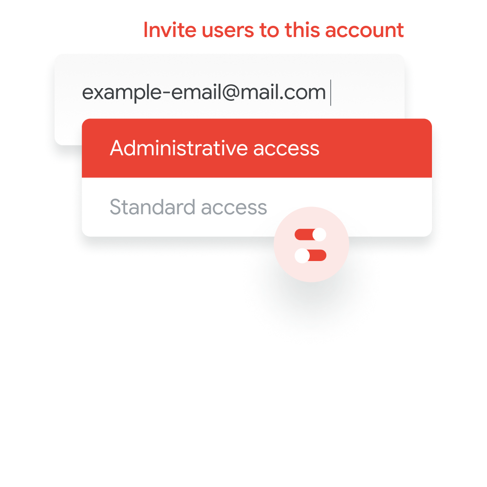 Illustration of a text bar showing an example email address and the option to select administrative access for that email address