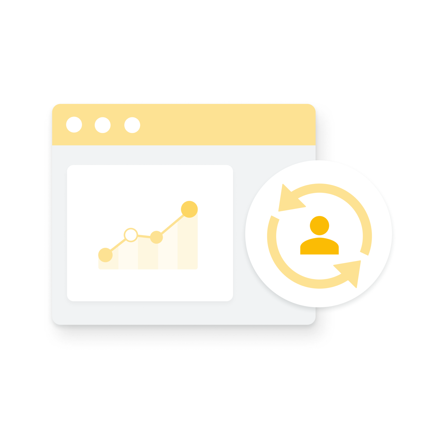 A bar graph showing an increase in performance with a profile icon surrounded by a refresh symbol