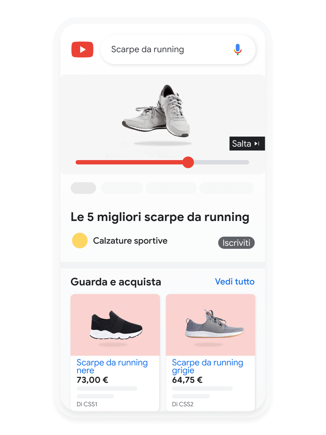 Interfaccia utente mobile animata che mostra una ricerca di scarpe da corsa su YouTube.