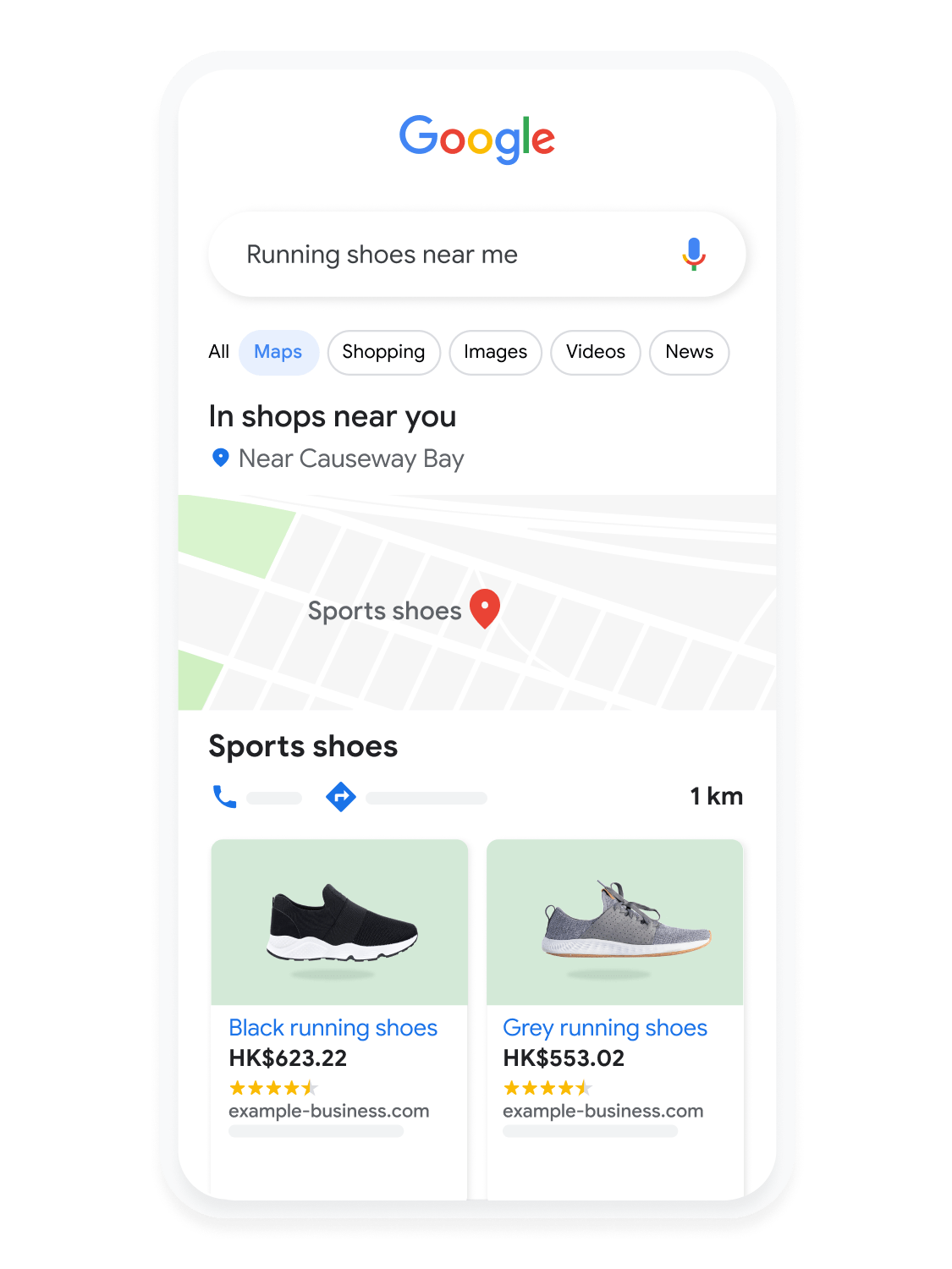 Mobile user interface animated to show a user searching for running shoes on Google Maps.