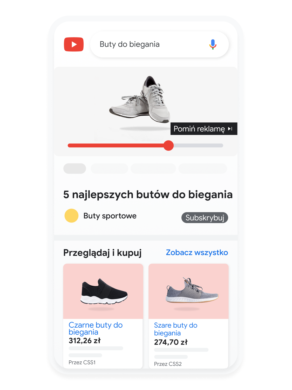 Animowany interfejs mobilny pokazujący, jak użytkownik wyszukuje buty do biegania w YouTube.