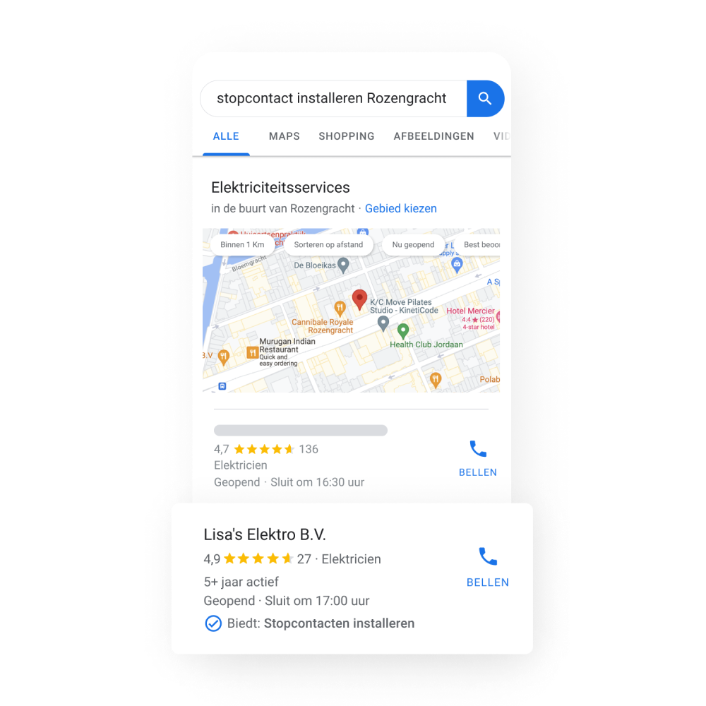 Afbeelding van het bedrijfsprofiel van een dienstverlenend bedrijf op Google Zoeken met daarop een kaart en informatie over het bedrijf zoals reviews met sterren en hoelang het al bestaat