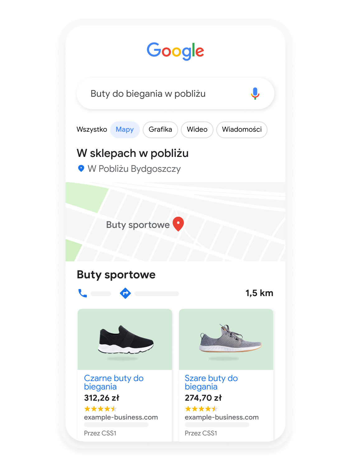 Animowany interfejs mobilny pokazujący, jak użytkownik wyszukuje buty do biegania w Mapach Google.