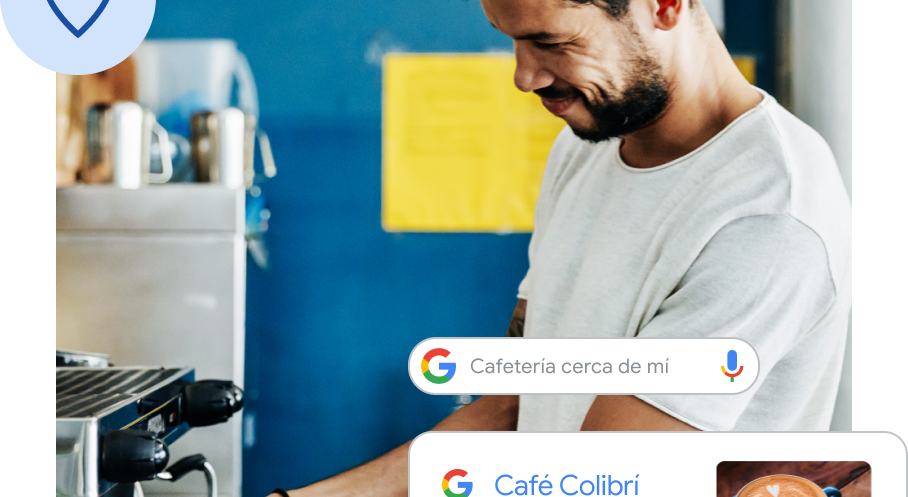 Un barista sonriente está preparando una bebida. En la parte superior de la imagen, hay una barra de búsqueda de "cafetería" y un anuncio relevante de una cafetería local. 