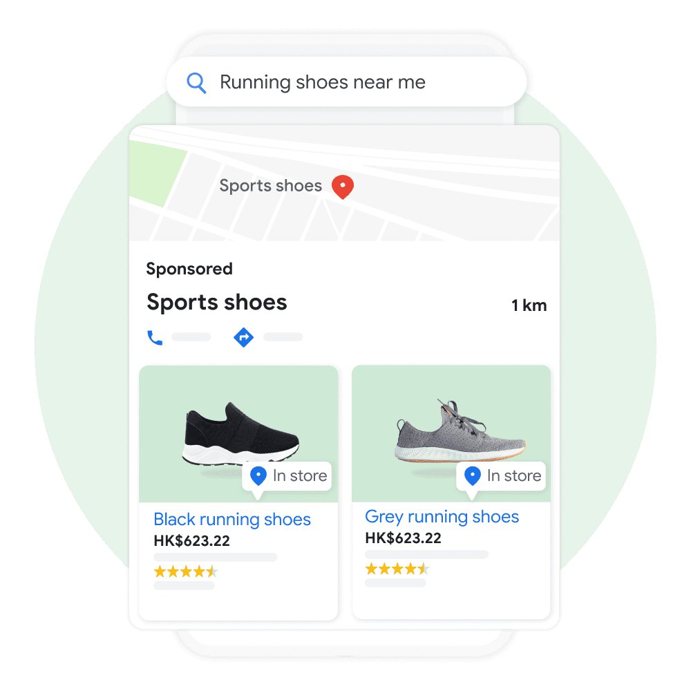 Mobile user interface animated to show a user searching 'running shoes near me' on Google Maps, with a sponsored Business Profile result pulled up and displaying a list of products available in their shop.