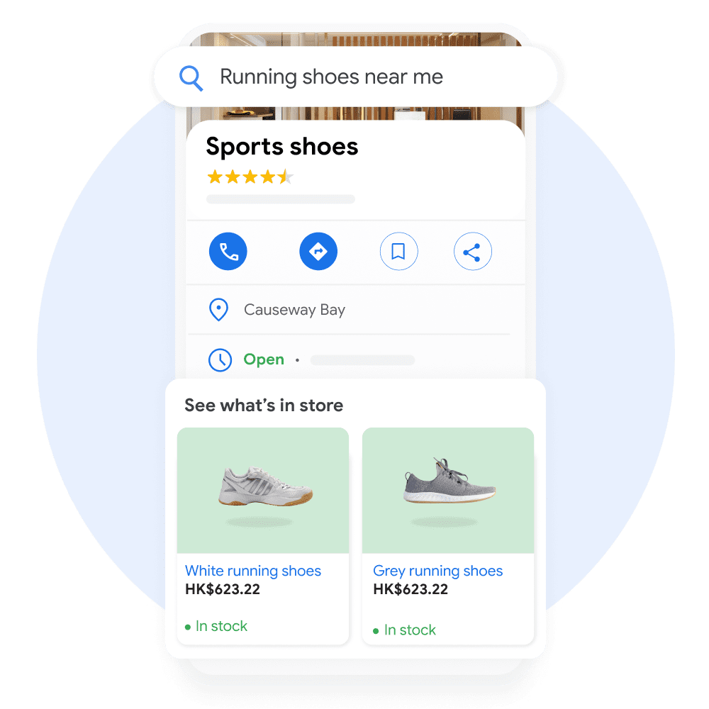 A mobile user interfaces demonstrating a Google Business Profile with in-store product listings pulled out out for emphasis under the prompt "See what's in store."