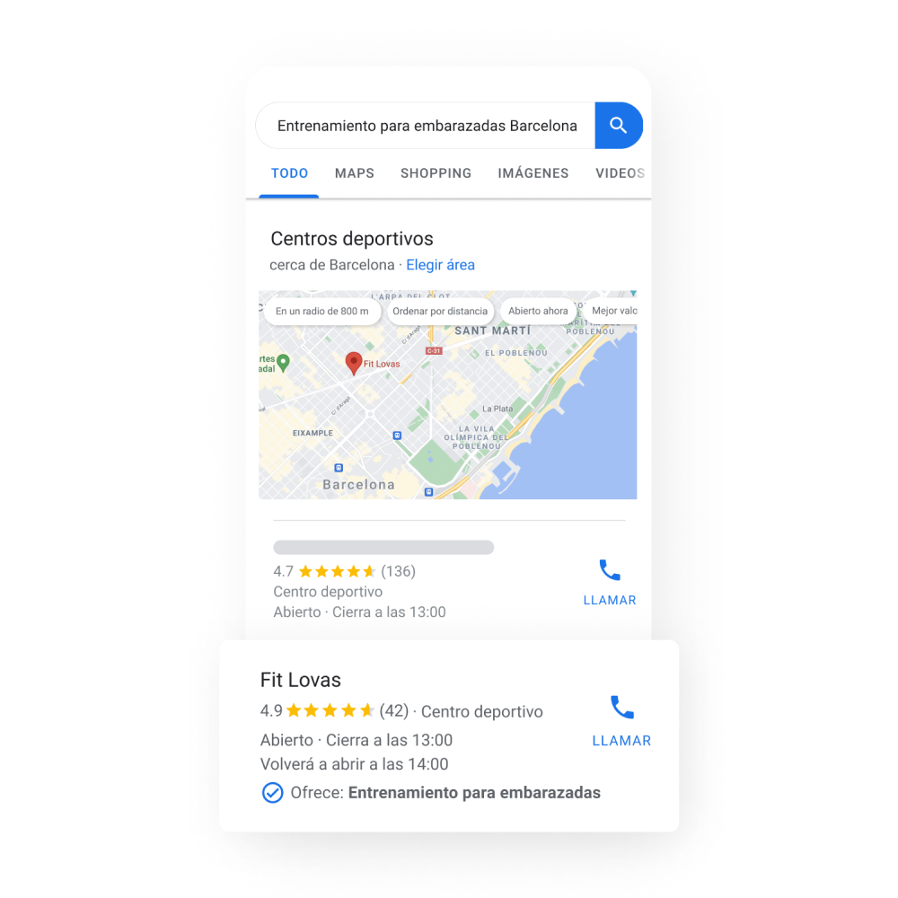 Imagen de un Perfil de Empresa de servicios en la Búsqueda de Google con un mapa y, justo debajo, unas credenciales de empresa que sobresalen, como las valoraciones por estrellas y el tiempo lleva la empresa en activo