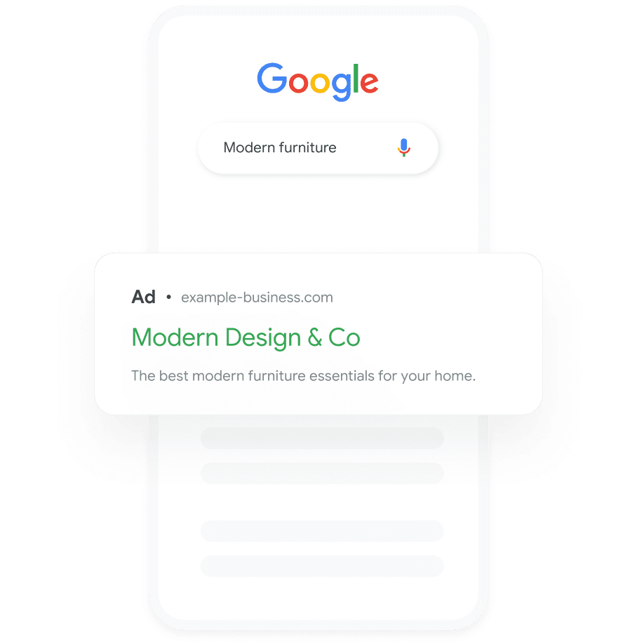 An example ad for a ‘modern furniture’ search and resulting ad