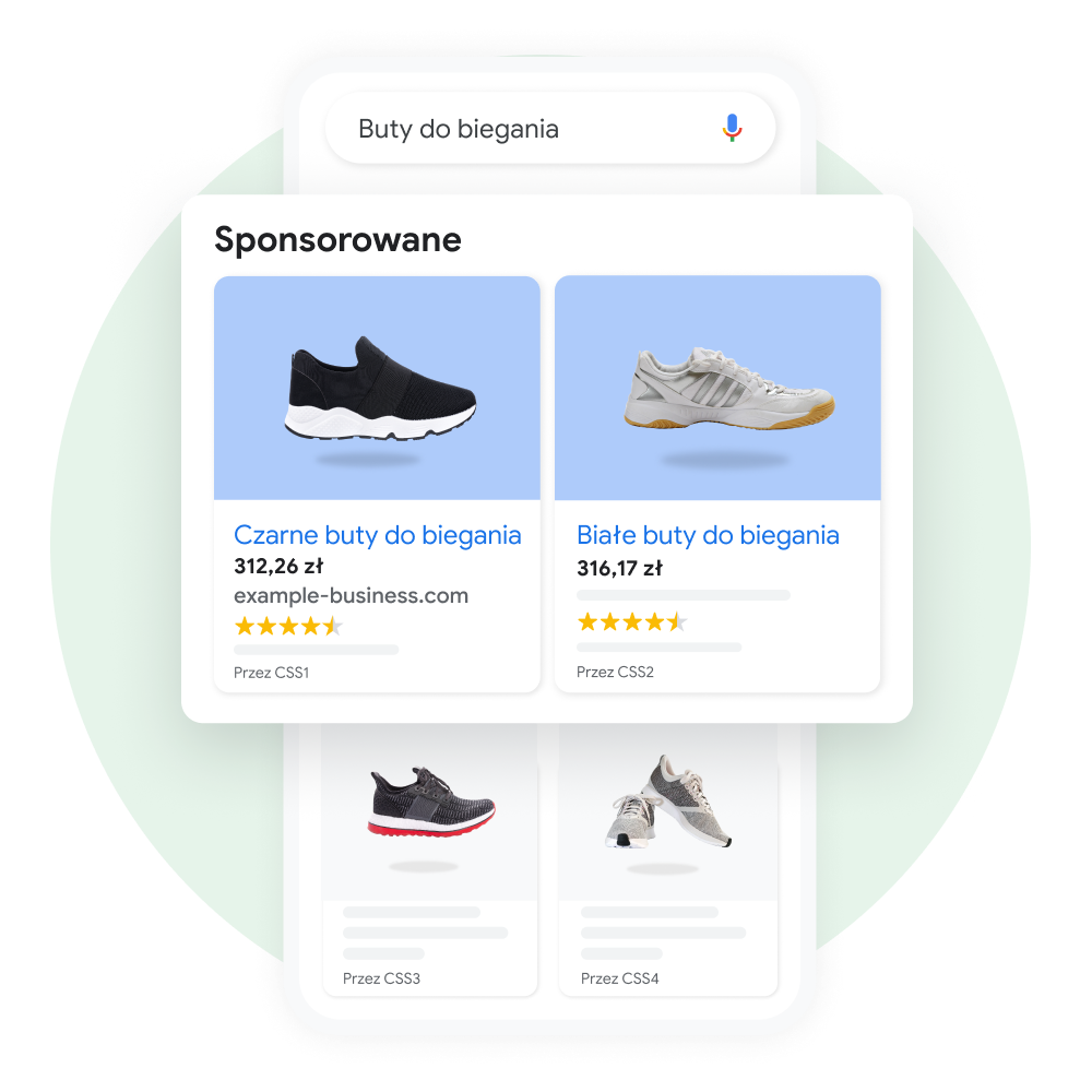 Interfejs pokazujący, jak użytkownik wyszukuje buty do biegania w Google, z wyeksponowanym wydzielonym okienkiem wyników sponsorowanych.