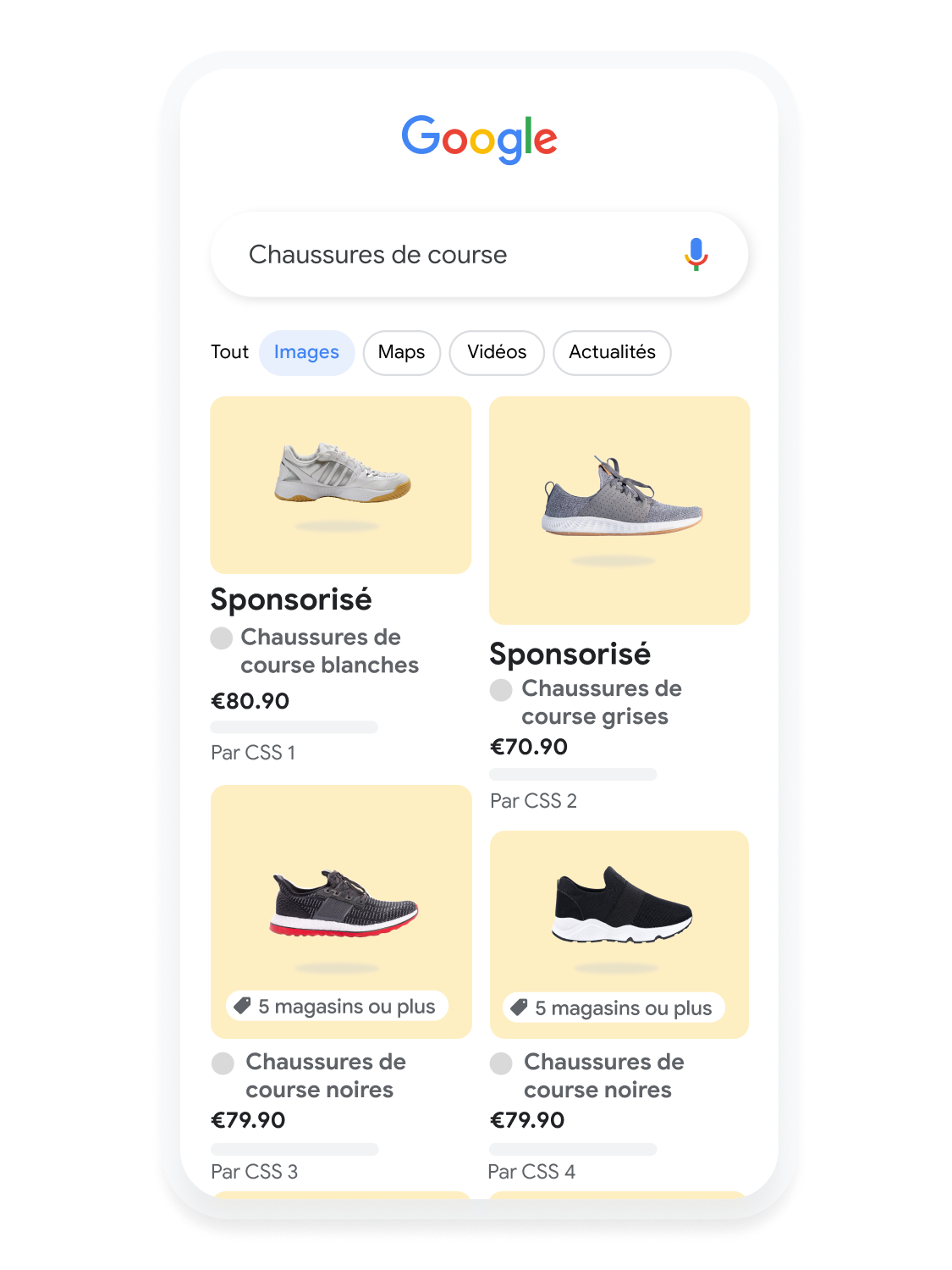 Interface utilisateur pour mobile animée montrant un utilisateur qui recherche des chaussures de course sur Google Images.