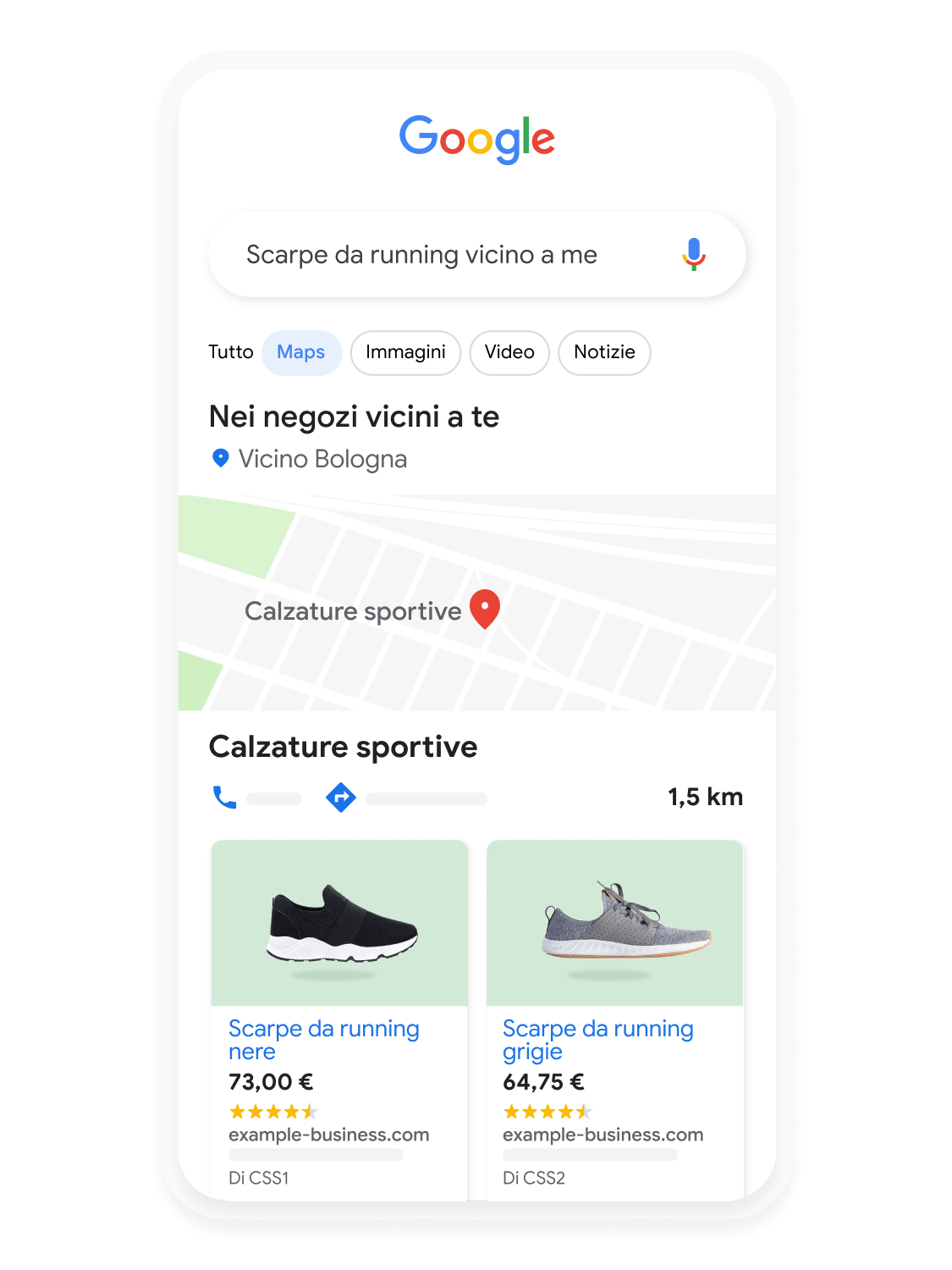 Interfaccia utente mobile animata che mostra una ricerca di scarpe da corsa su Google Maps.