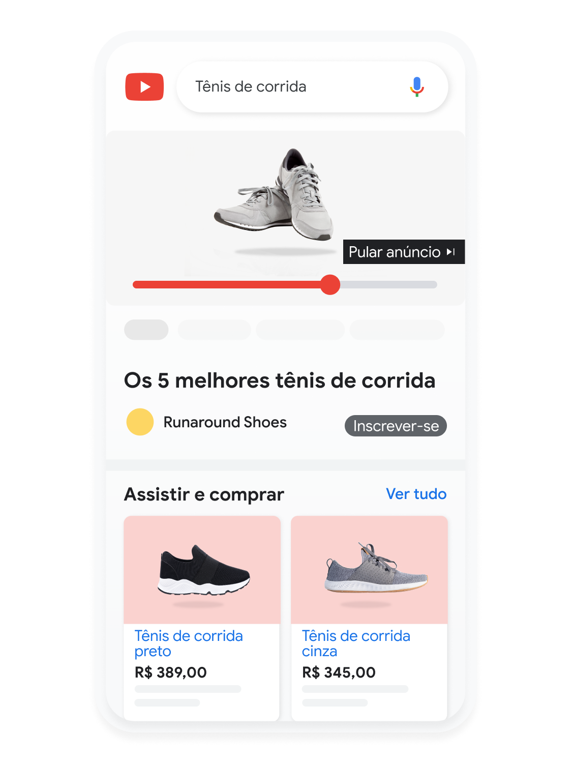 Interface animada do dispositivo móvel mostrando um usuário pesquisando tênis de corrida no YouTube.