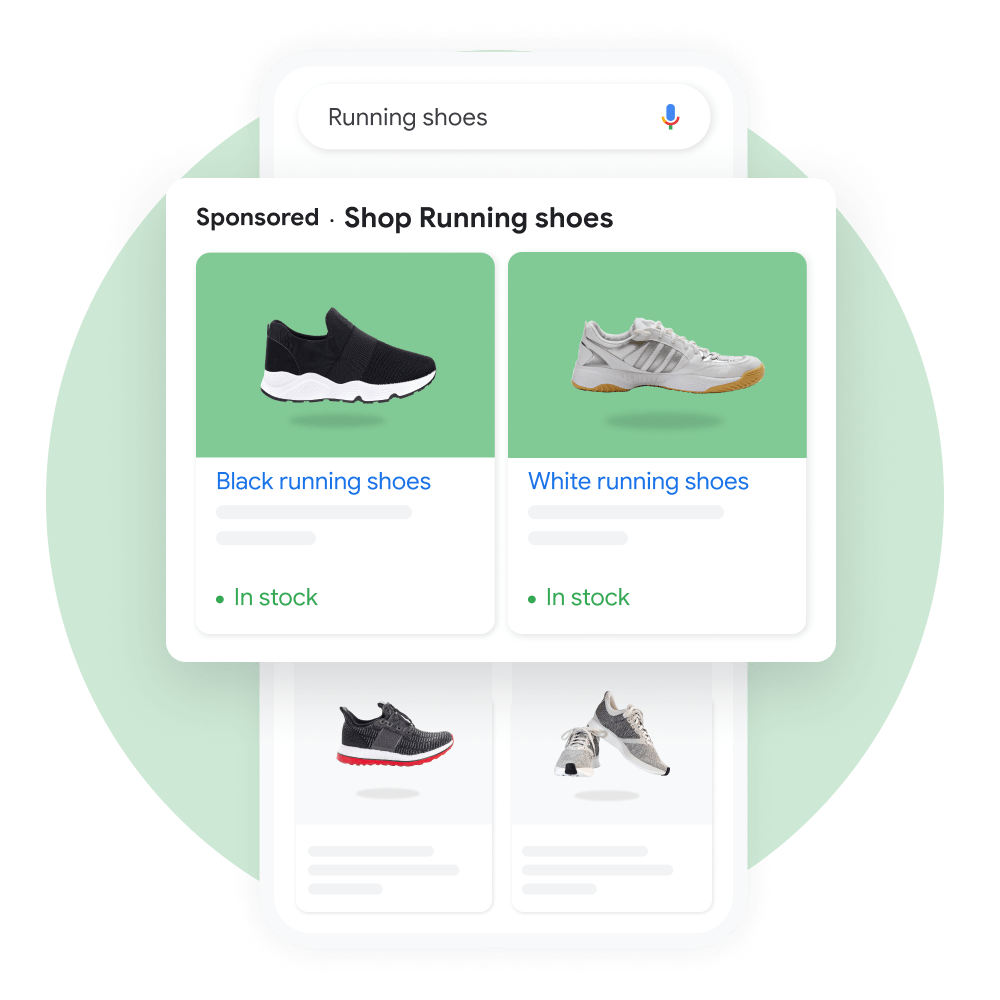 User interface demonstrating a user searching for running shoes on Google Shopping, with a pop out of the sponsored results enhanced for emphasis.