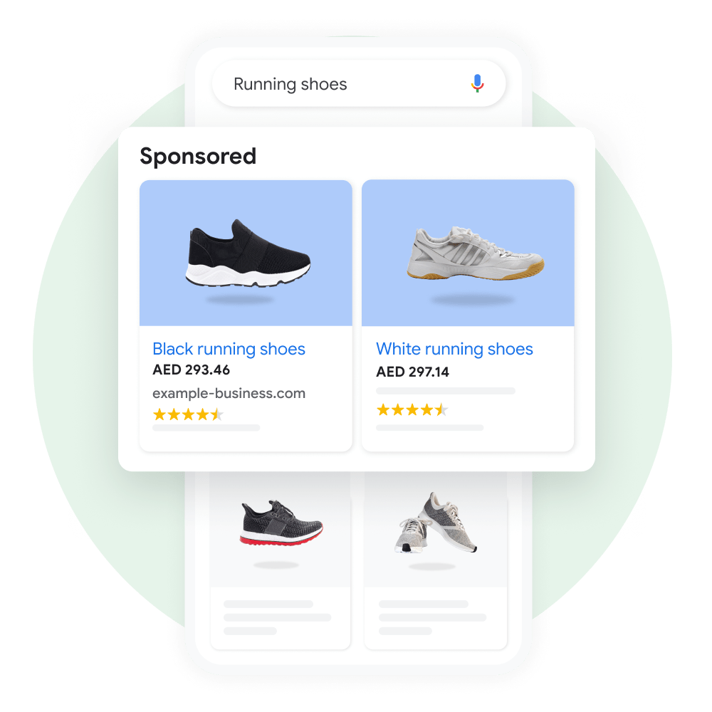 User interface demonstrating a user searching for running shoes on Google, with a pop out of the sponsored results enhanced for emphasis.