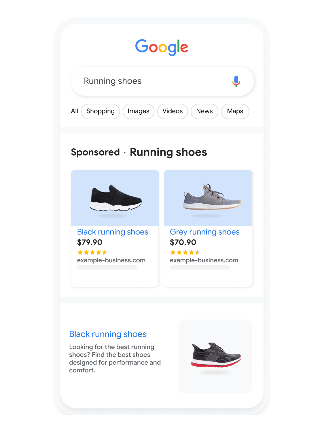 Mobile user interface animated to show a user searching for running shoes on Google Search.