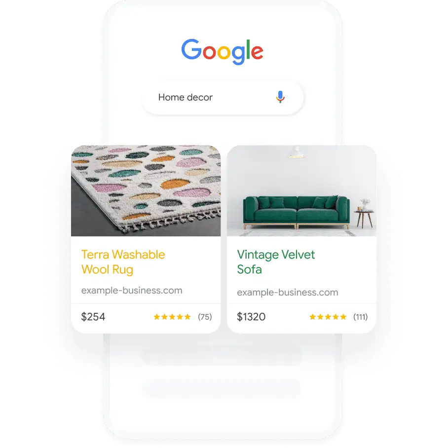 Illustration of a phone shows a Google search query for Home Decor that results in two relevant Shopping Ads.