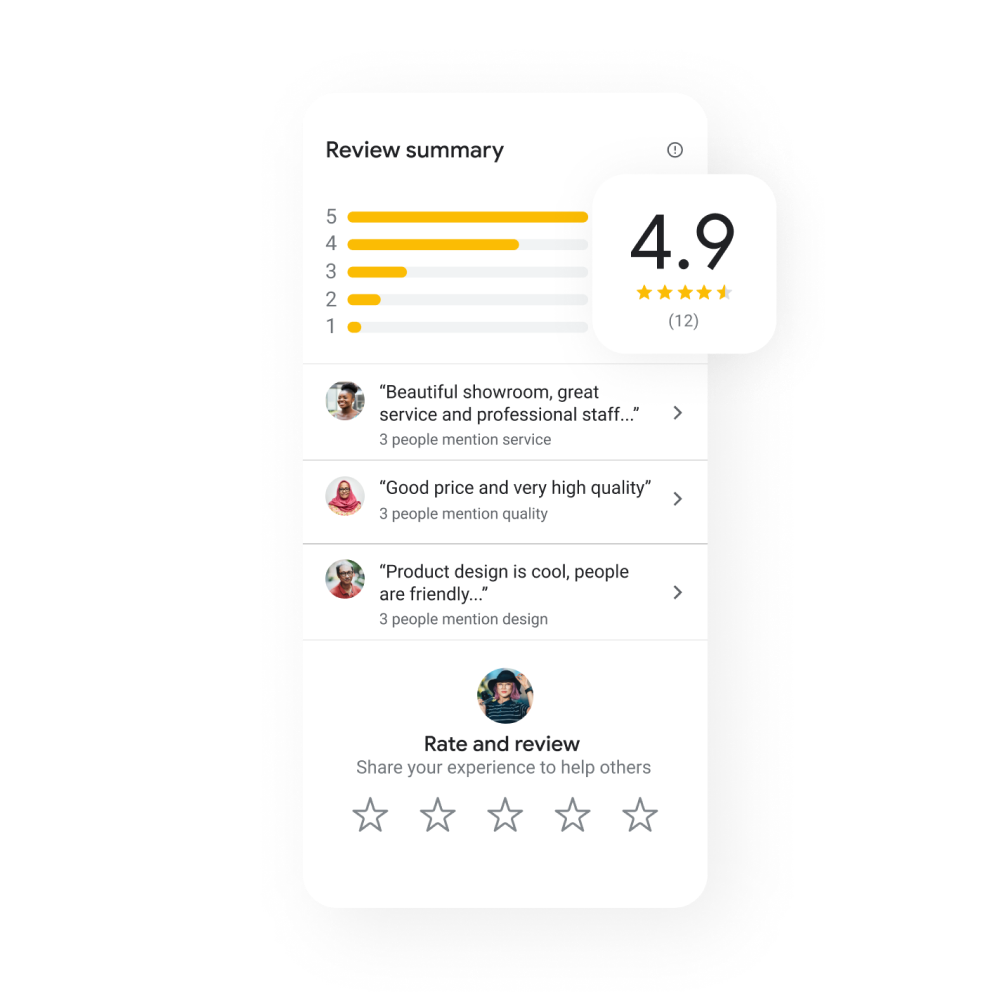 Image of a Business Profile review summary tab with the stars reviews and the customers posts