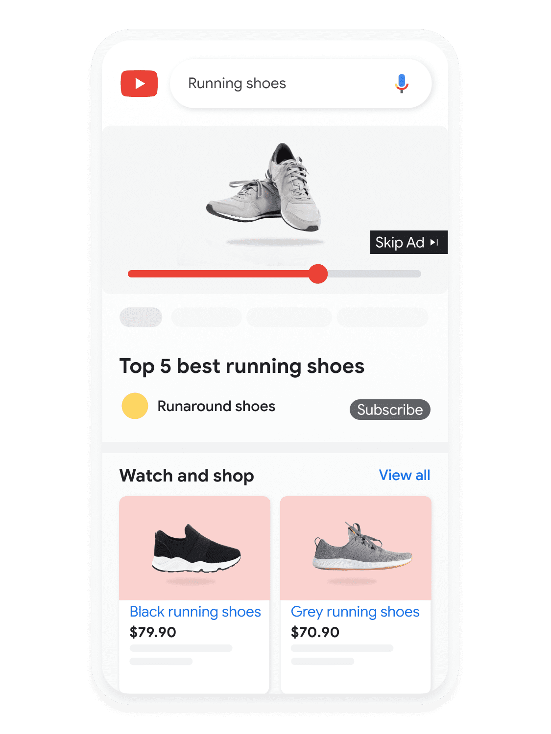 Mobile user interface animated to show a user searching for running shoes on YouTube.