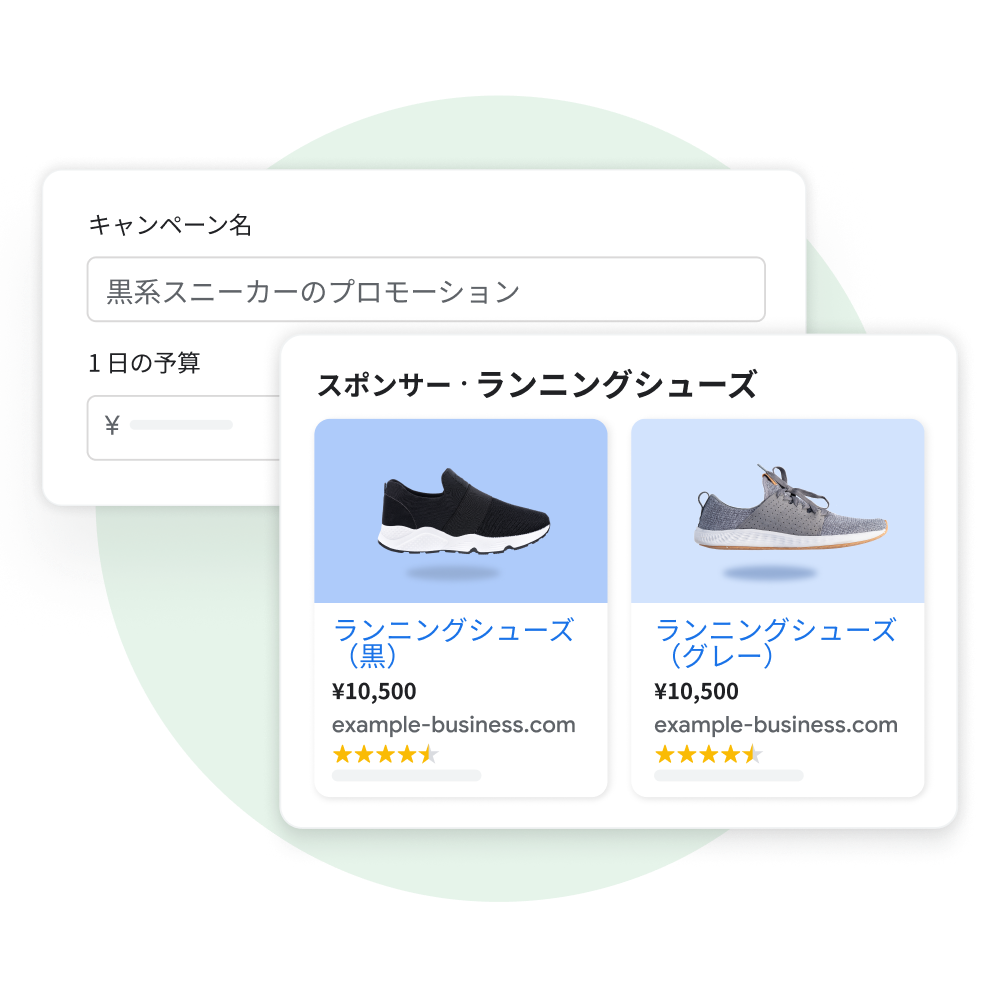 2 つのユーザー インターフェースの要素: 1 つは、P-MAX の新しいキャンペーンの名前と予算を作成する様子を示している。もう 1 つは、そのキャンペーンの検索結果として、Google 検索でスポンサー商品リスティングが表示された際のユーザー体験を示している。