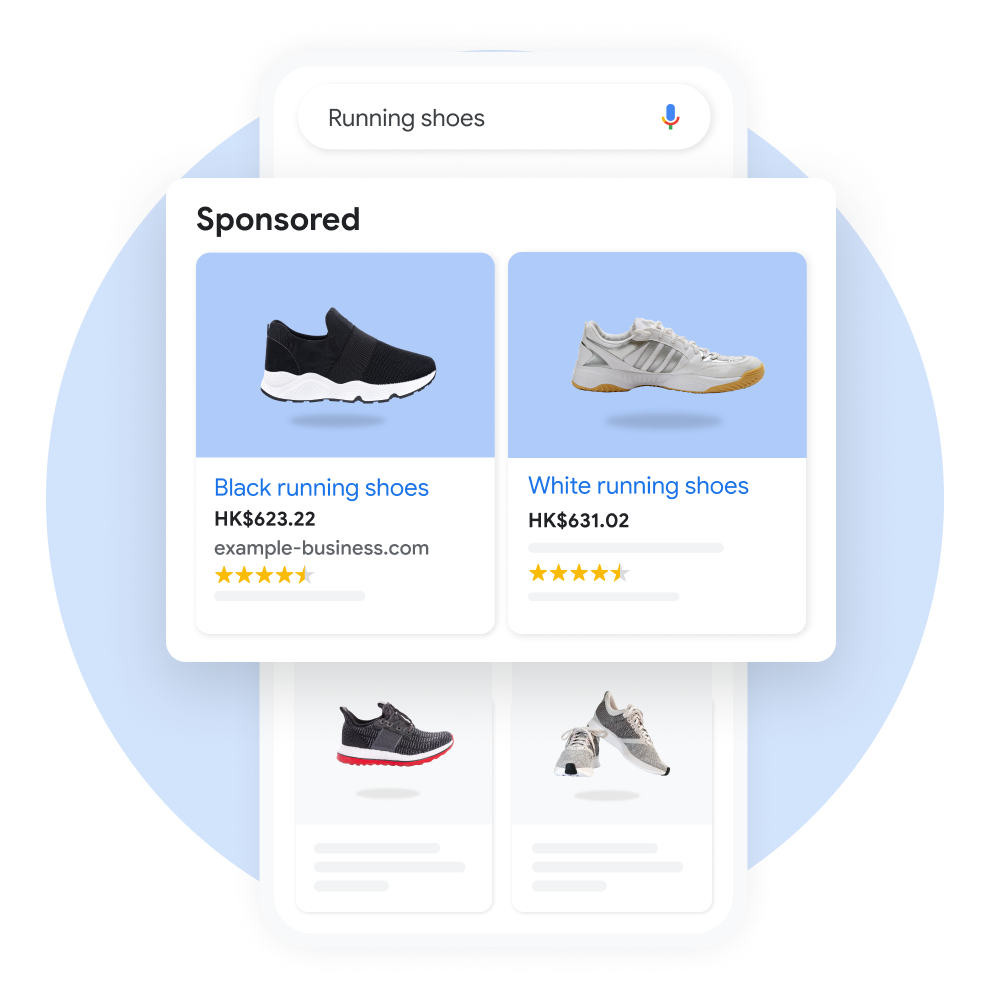 User interface demonstrating a user searching for running shoes on Google Shopping, with a pop out of the sponsored results enhanced for emphasis.