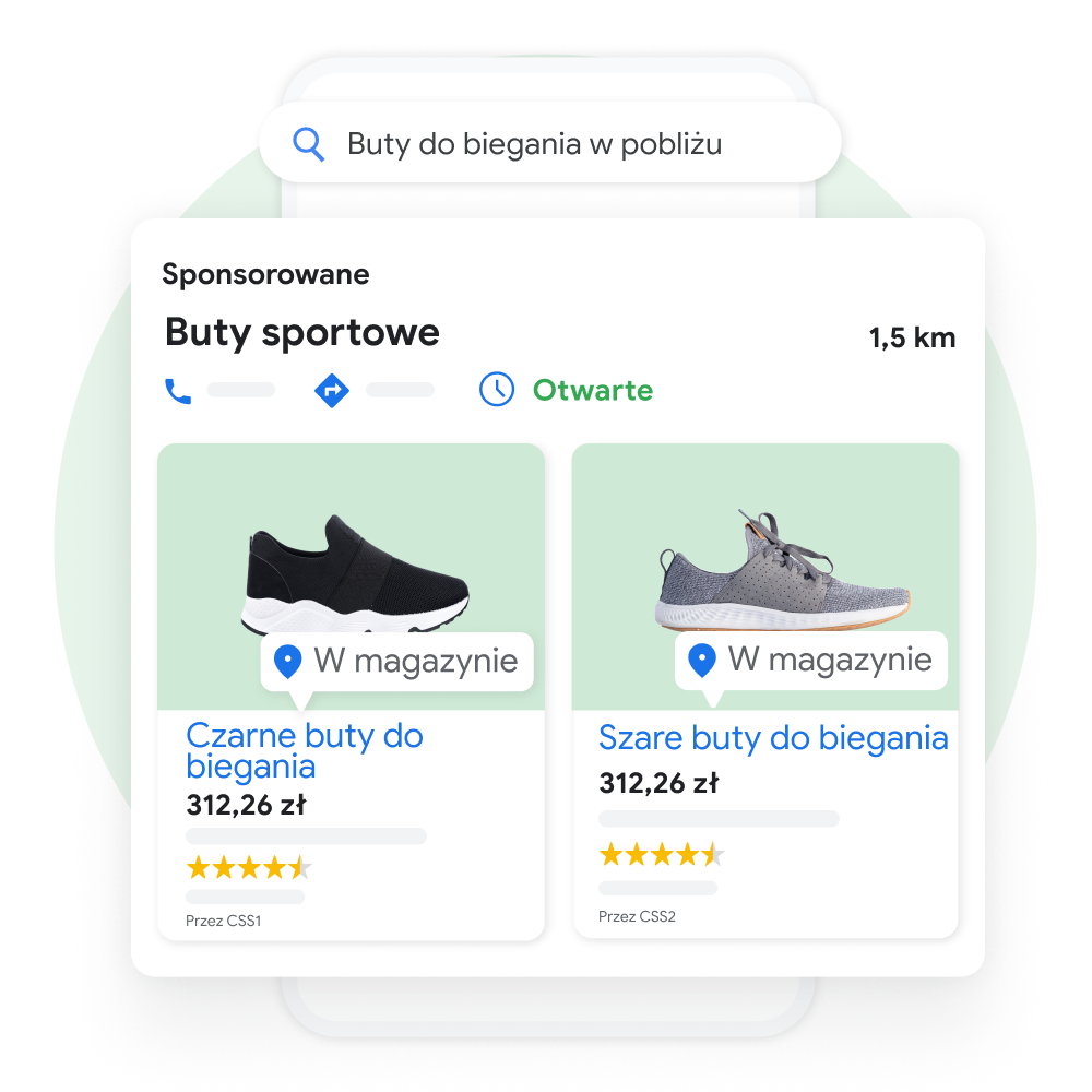 Interfejs pokazujący, jak użytkownik wyszukuje buty do biegania w Mapach Google, z wyeksponowanym wydzielonym okienkiem wyniku sponsorowanego z profilu firmy, w którym można zobaczyć podgląd produktów dostępnych w sklepie.