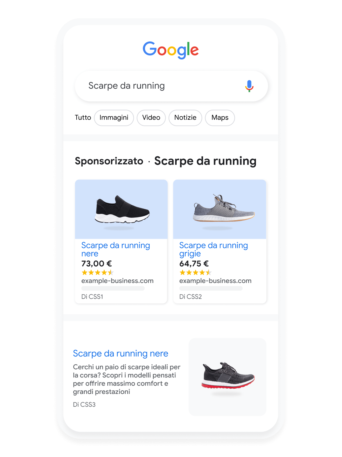 Interfaccia utente mobile animata che mostra una ricerca di scarpe da corsa su Ricerca Google.