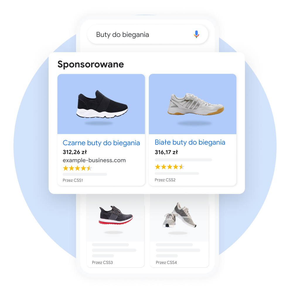 Interfejs pokazujący, jak użytkownik wyszukuje buty do biegania w Google, z wyeksponowanym wydzielonym okienkiem wyników sponsorowanych.