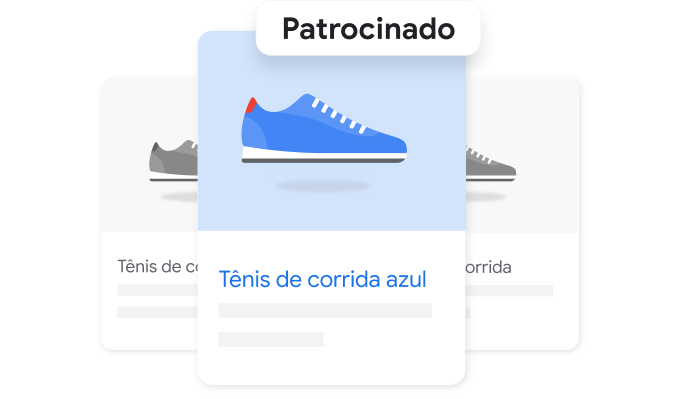 Uma seleção de produtos que aparecem na Pesquisa Google com ênfase no produto patrocinado.