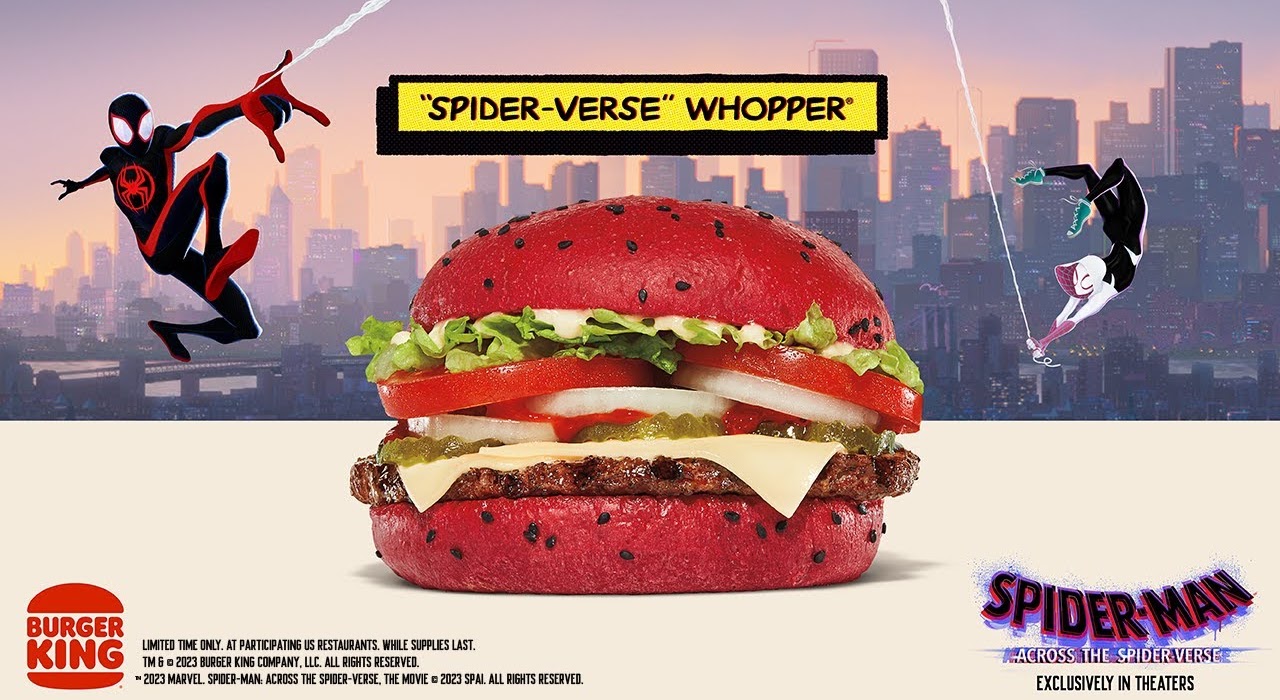 A video preview screen shows a scene from Glitch in the BK Verse: “Spider-Verse” Whopper