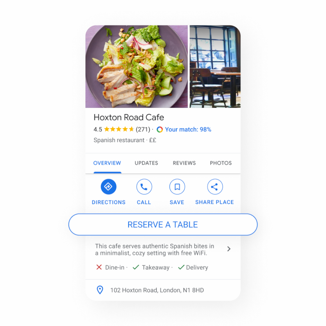 Image of a restaurant Business Profile that accept online food orders with Google