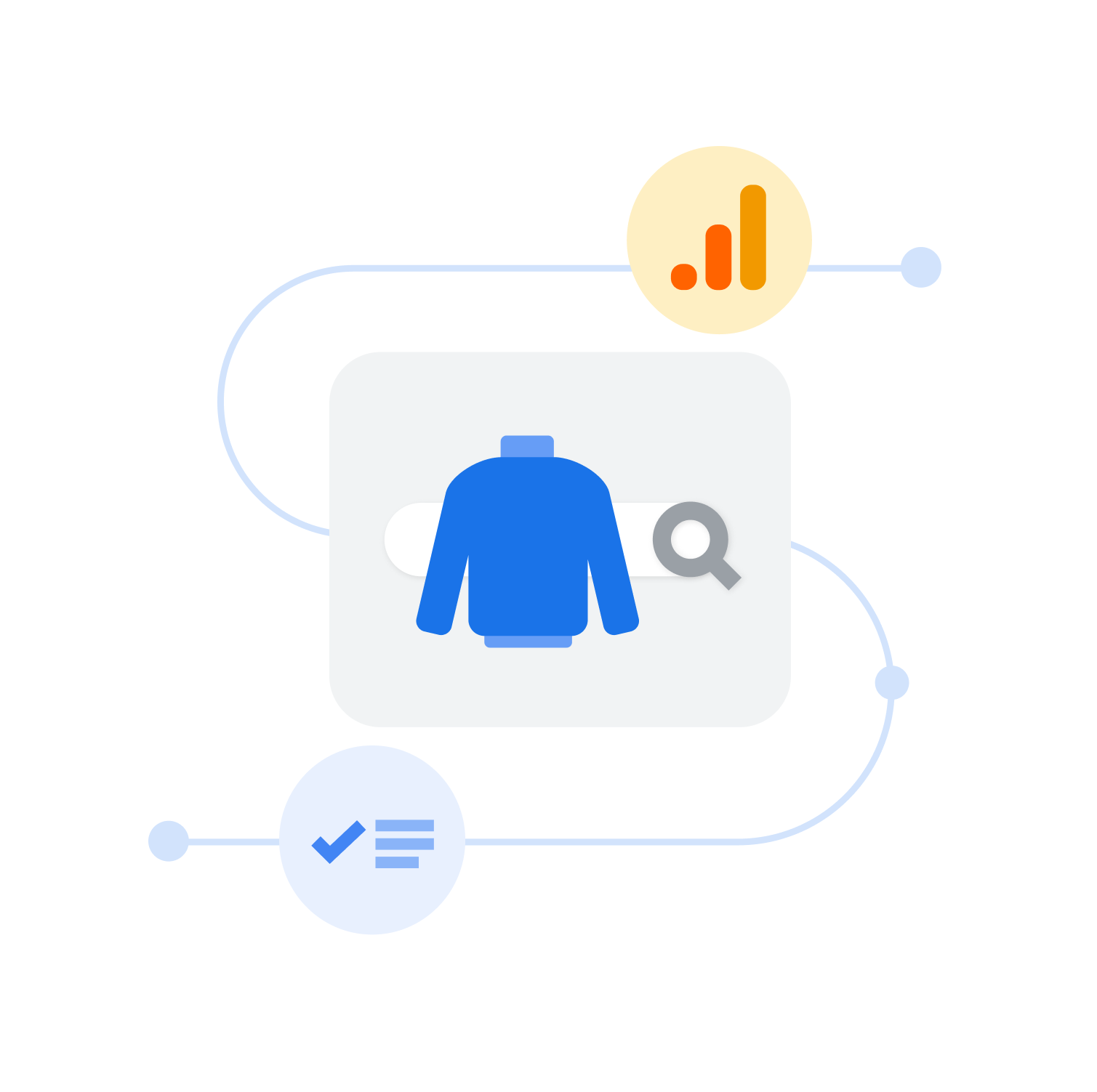 Illustration shows the second step of the customer journey where Google Analytics 4 gives you clear metrics and insights.