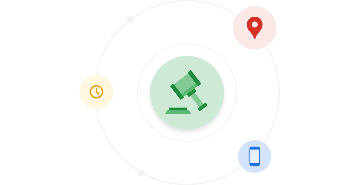 An illustration of a gavel inside a circle of icons representing contextual factors.