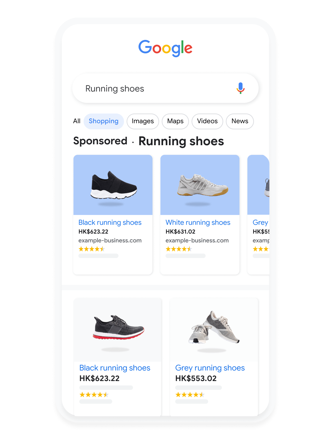 Mobile user interface animated to show a user searching for running shoes on Google Shopping.