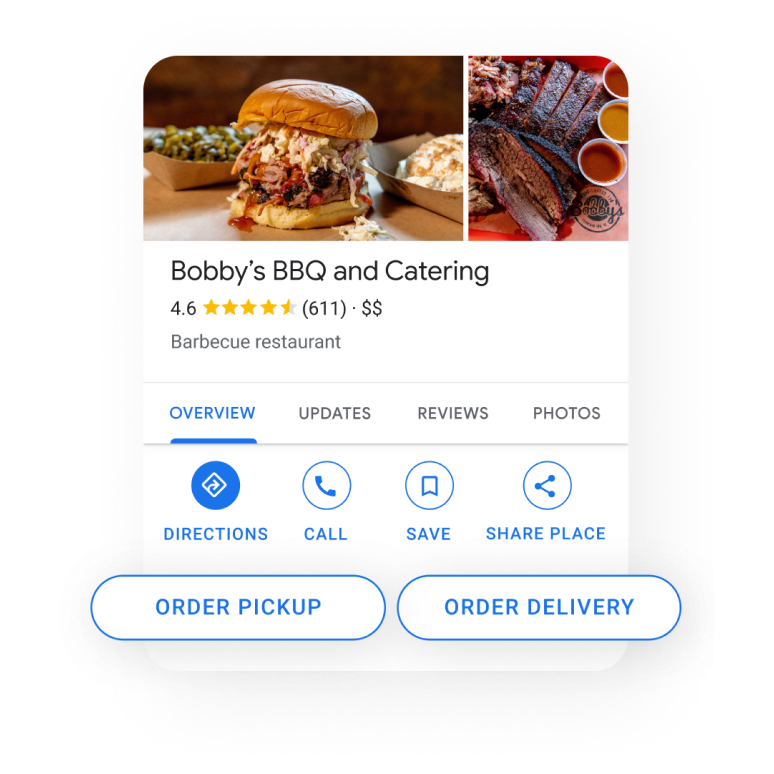 Image of a Business Profile in a mobile device popping out the buttons for order pickup and order delivery