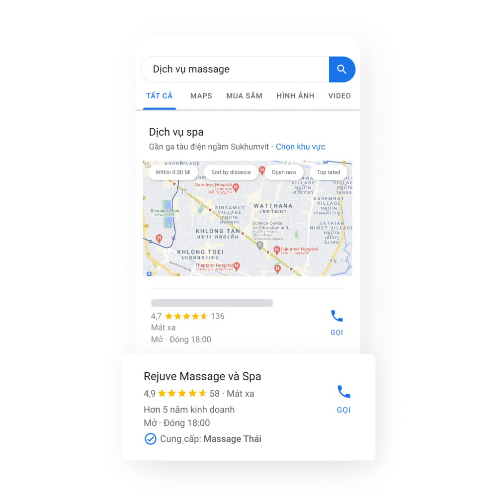 Hình ảnh về một Trang doanh nghiệp cung cấp dịch vụ trên trang kết quả tìm kiếm của Google kèm theo bản đồ và bên dưới là một số thông tin xác thực doanh nghiệp như: bài đánh giá có gắn dấu sao và thời gian mà doanh nghiệp đã hoạt động