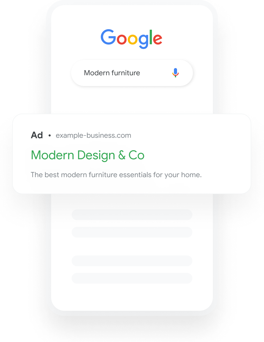 Illustration that shows a Google search query for home decor that results in a relevant furniture Search Ad.