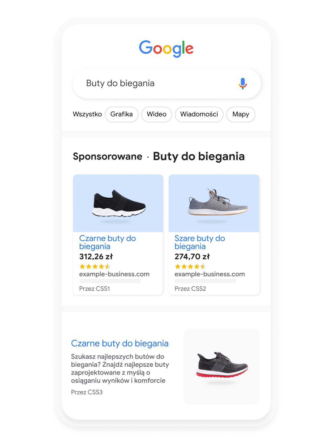Animowany interfejs mobilny pokazujący, jak użytkownik wyszukuje buty do biegania w wyszukiwarce Google.