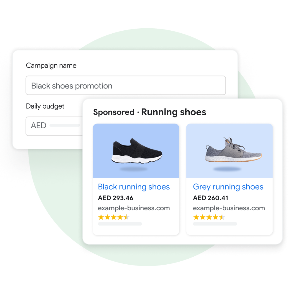 Two user interface modules: One demonstrating a user creating a name and budget for a new campaign in Performance Max and the other displaying the customer experience of seeing sponsored product listings on Google Search as a result of that campaign.