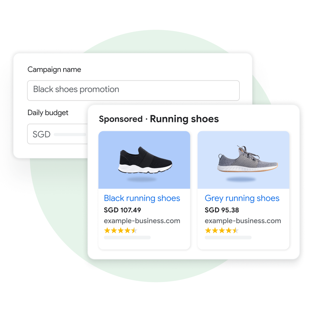 Two user interface modules: One demonstrating a user creating a name and budget for a new campaign in Performance Max and the other displaying the customer experience of seeing sponsored product listings on Google Search as a result of that campaign.