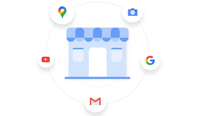 Icône d'un établissement physique, entourée des icônes de marque de Google Maps, de Google Images, de la recherche Google, de YouTube et de Gmail.