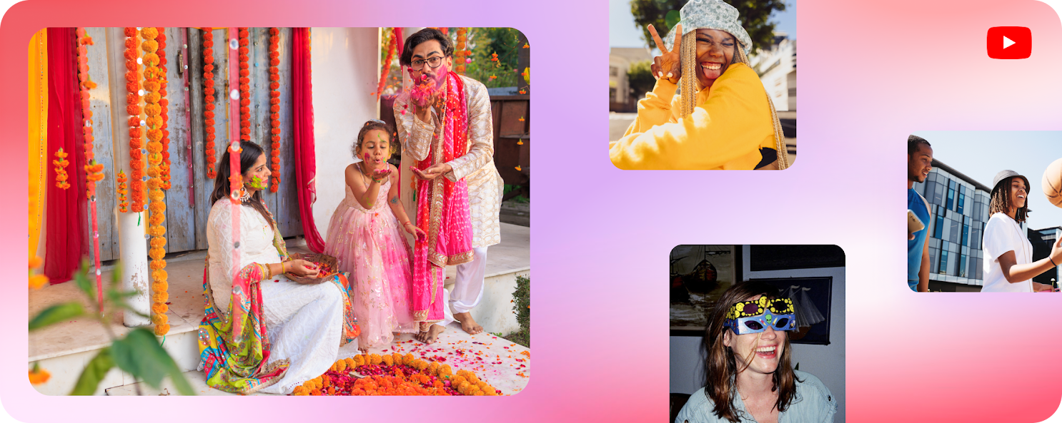 Image of a young couple with their daughther celebrating Holi, a widely celebrated Hindu festival of colors in India and across the globe.