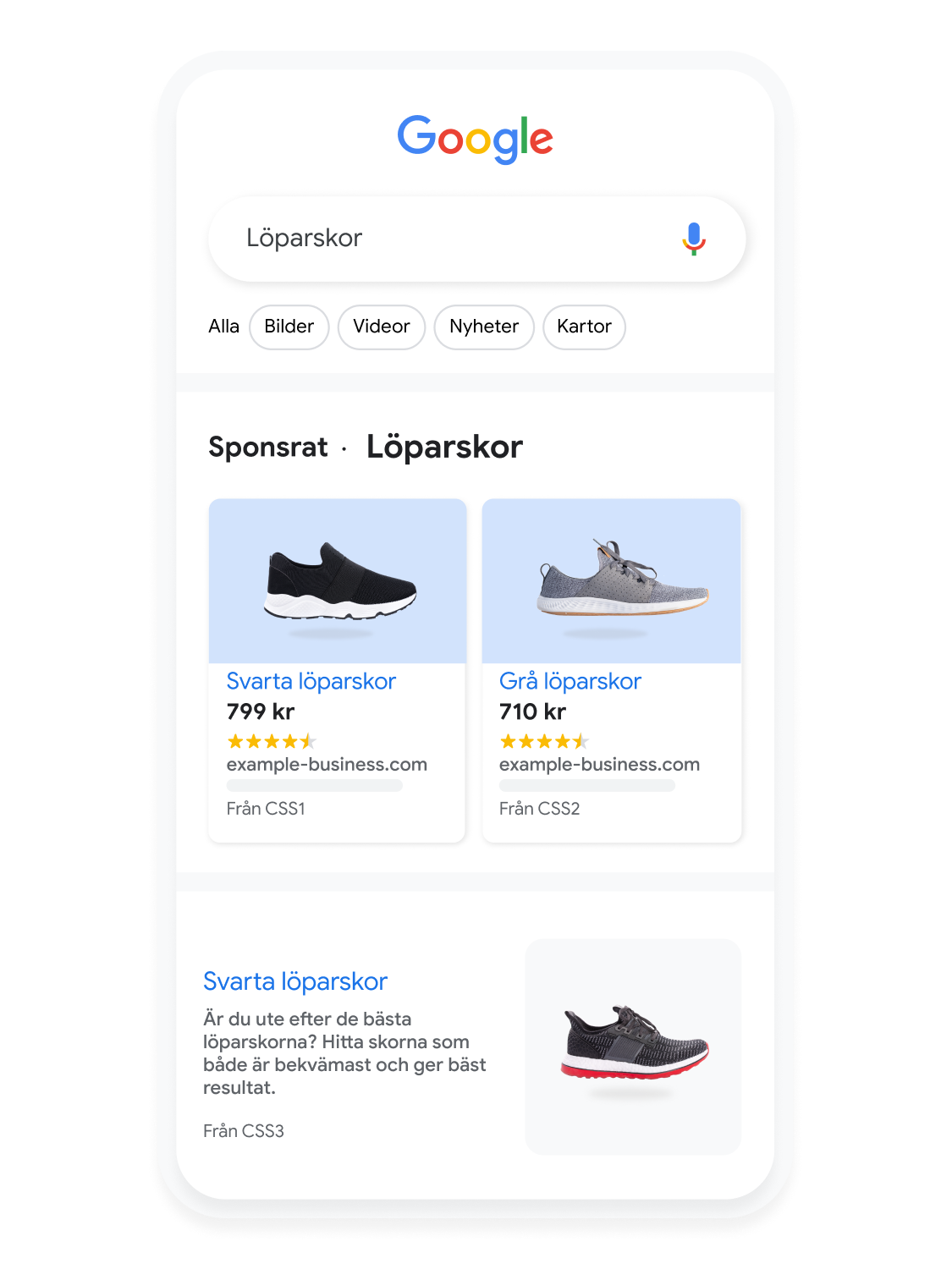 Animerat mobilanvändargränssnitt som illustrerar en sökning efter löparskor på Google Sök.