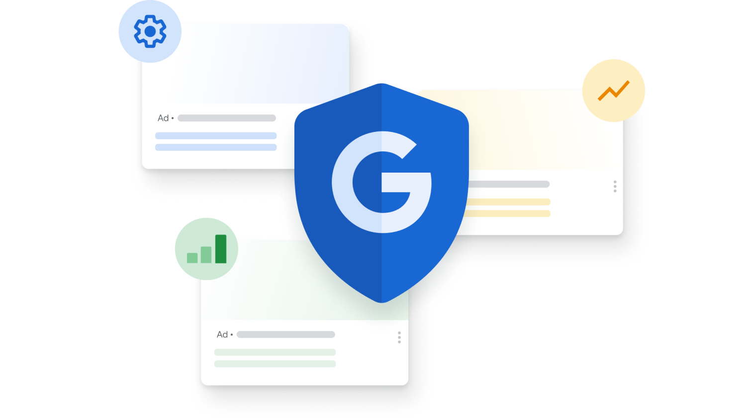 Google Shield mit drei Browsern im Hintergrund, die Optimierung, Messung und Leistung anzeigen